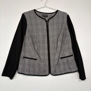 Talbots Women Jacket 20W Black White Glen Plaid Zip Front Mixed Media Blazer